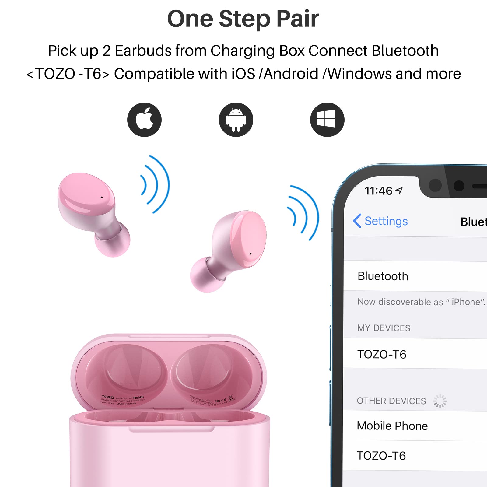 Наушники TOZO T6 Bluetooth Беспроводные Внутриканальные Touch Control IPX8 Водостойкие Встроенный микрофон Глубокие басы, фото №4
