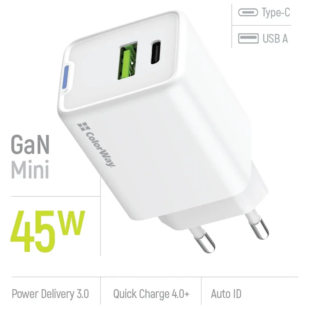 Зарядное устройство ColorWay C101E GaN Mini 45W PD PPS USB-C + USB-A QC4.0 white (CW-CHS060PD-WT), фото №6 Зарядное устройство ColorWay C101E GaN Mini 45W PD PPS USB-C + USB-A QC4.0 white (CW-CHS060PD-WT), фото №6