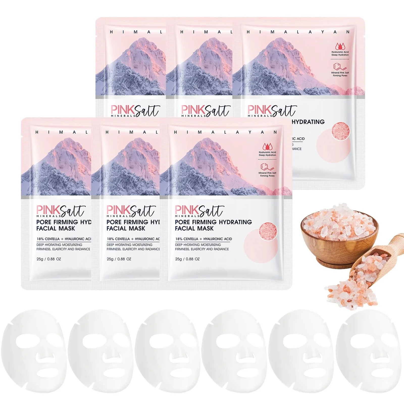 Маска для обличчя Soleneva з рожевою сіллю - 6 штук Зволожуюча маска для обличчя з центеллою та гіалуроновою кислотою, фото №1