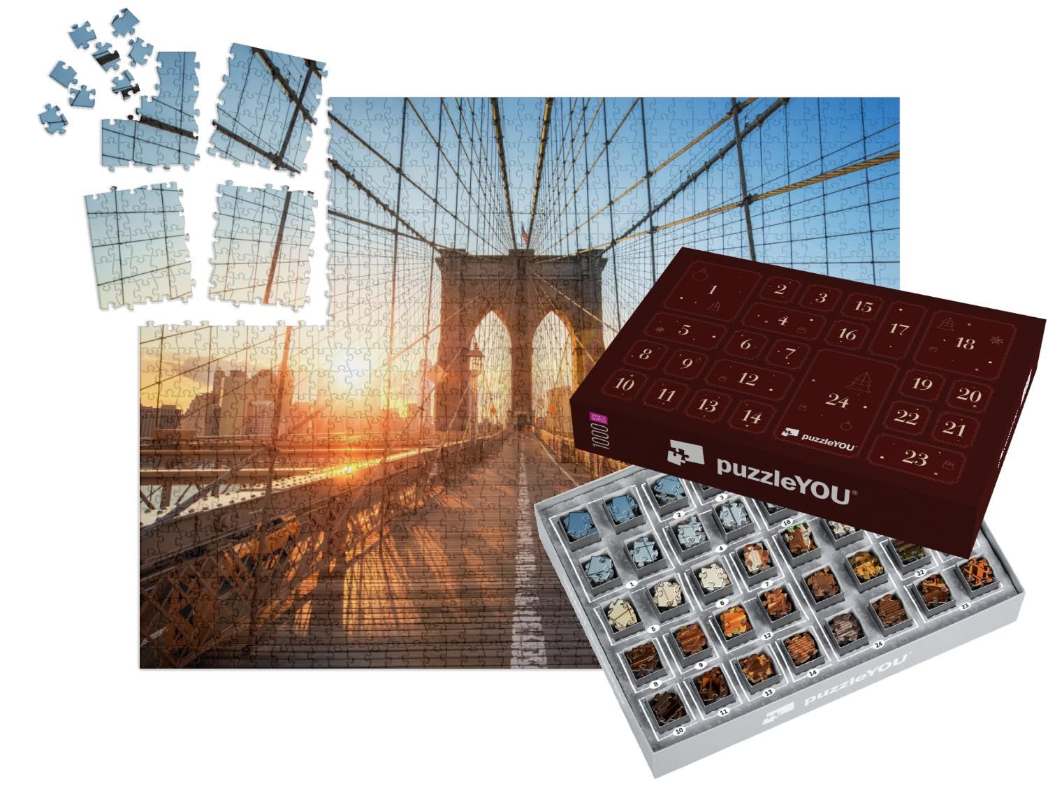 Пазл-адвент-календарь puzzleYOU USA, America, Bridges Вечер на Бруклинском мосту, Нью-Йорк 1000 деталей, фото №1 Пазл-адвент-календарь puzzleYOU USA, America, Bridges Вечер на Бруклинском мосту, Нью-Йорк 1000 деталей, фото №1