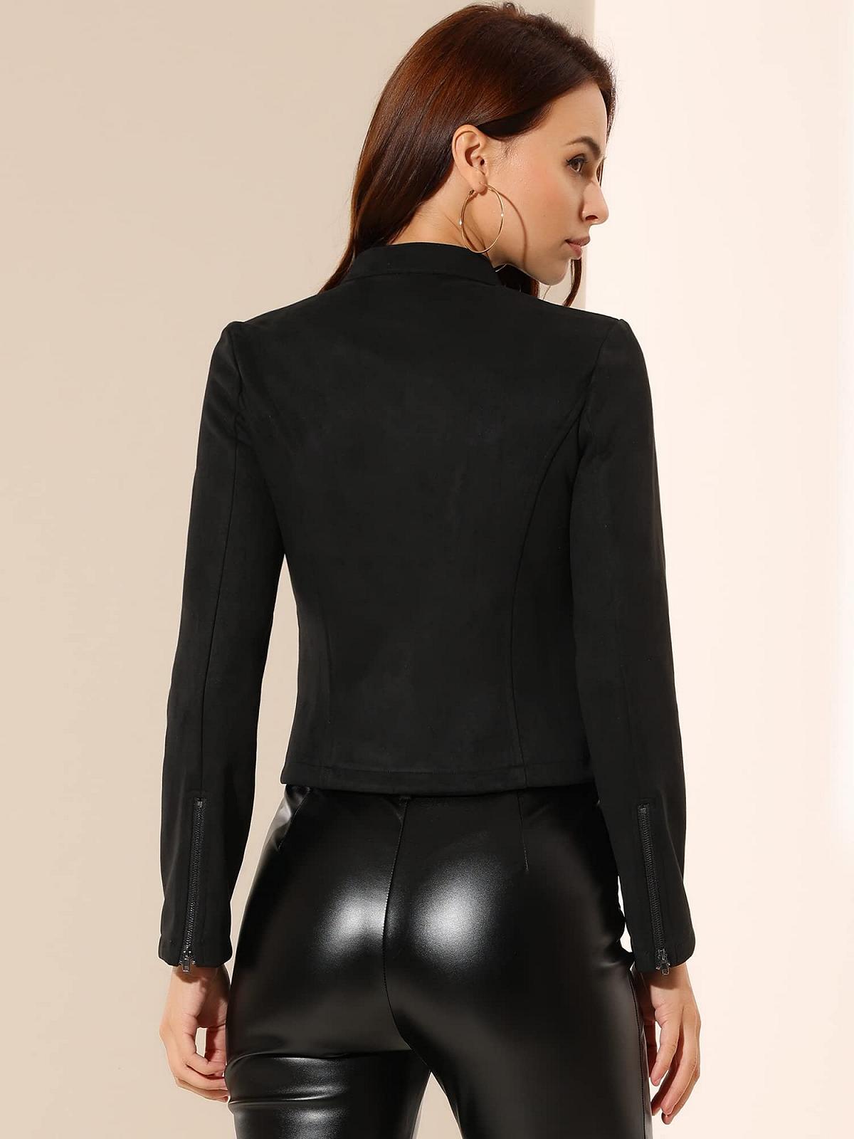 Куртка Biker Allegra K Женская из искусственной замши, короткая, на молнии, стойка воротник, фото №5