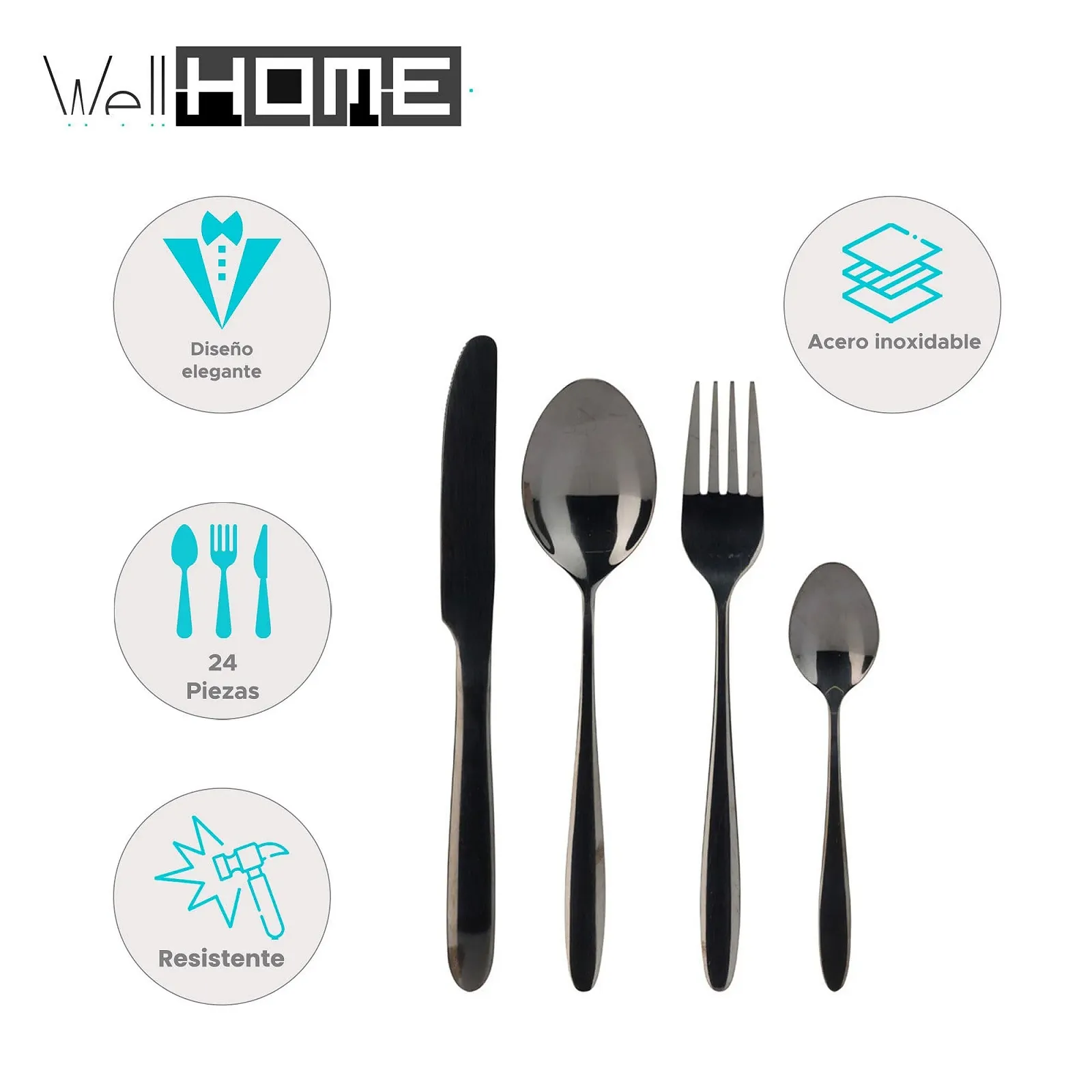 Набір столових приборів Well Home 24 предмети нержавіюча сталь з чорним покриттям, фото №2 Набір столових приборів Well Home 24 предмети нержавіюча сталь з чорним покриттям, фото №2