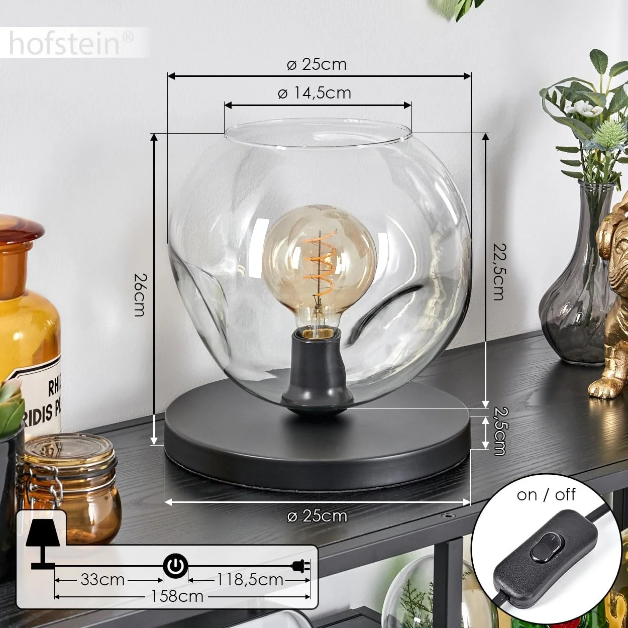 Настільна лампа Ripoll Метал/Скло Сучасний Ретро/Вінтаж Ø 25 см Перемикач на кабелі 1 x E27 Без лампи Чорний/Прозорий, фото №5