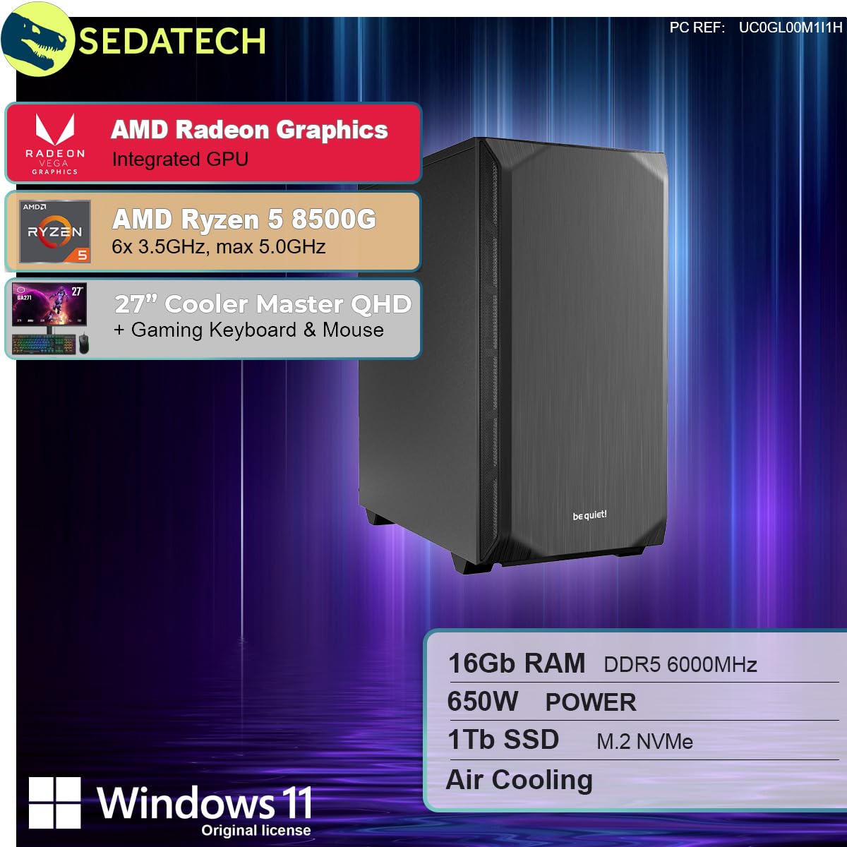 Комплект Sedatech Silent Gaming PC AMD Ryzen 5 8500G Radeon Vega 16 GB DDR5 1TB SSD M.2 Windows 11 Монітор 27 дюймів, фото №2
