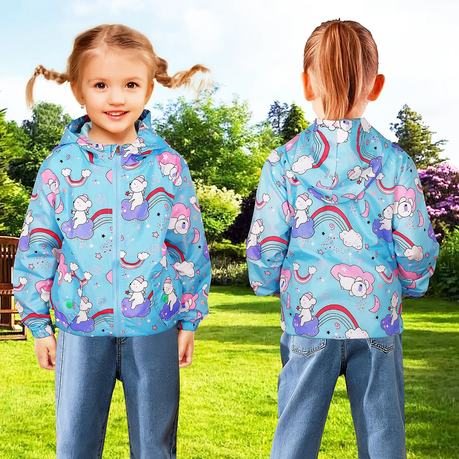 Софтшелл куртка Переходная куртка для девочек Baogaier с мягкой подкладкой Радужный Единорог Легкая уличная куртка Детская дышащая ветрозащитная куртка Куртка с капюшоном Размер 92-122, фото №3