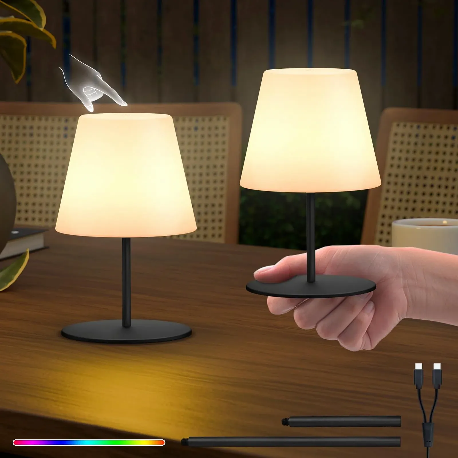 Настільна LED лампа акумуляторна Набір з 2 шт. 8 кольорів USB-C IP44 з регулюванням висоти чорна, фото №1