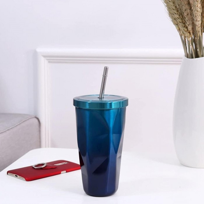 Металлический стакан с трубочкой Diamond 500 мл градиент синий, фото №6