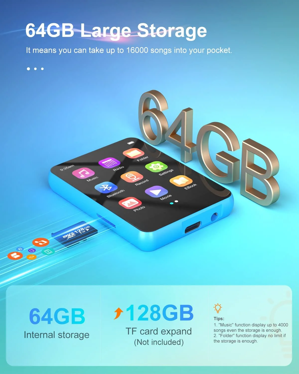 MP3 плеер Joliker 64 GB, Bluetooth 5.3, экран 2.4 дюйма, встроенный HD динамик, FM радио, запись голоса, E-Book, до 128 GB TF Card, фото №2 MP3 плеер Joliker 64 GB, Bluetooth 5.3, экран 2.4 дюйма, встроенный HD динамик, FM радио, запись голоса, E-Book, до 128 GB TF Card, фото №2