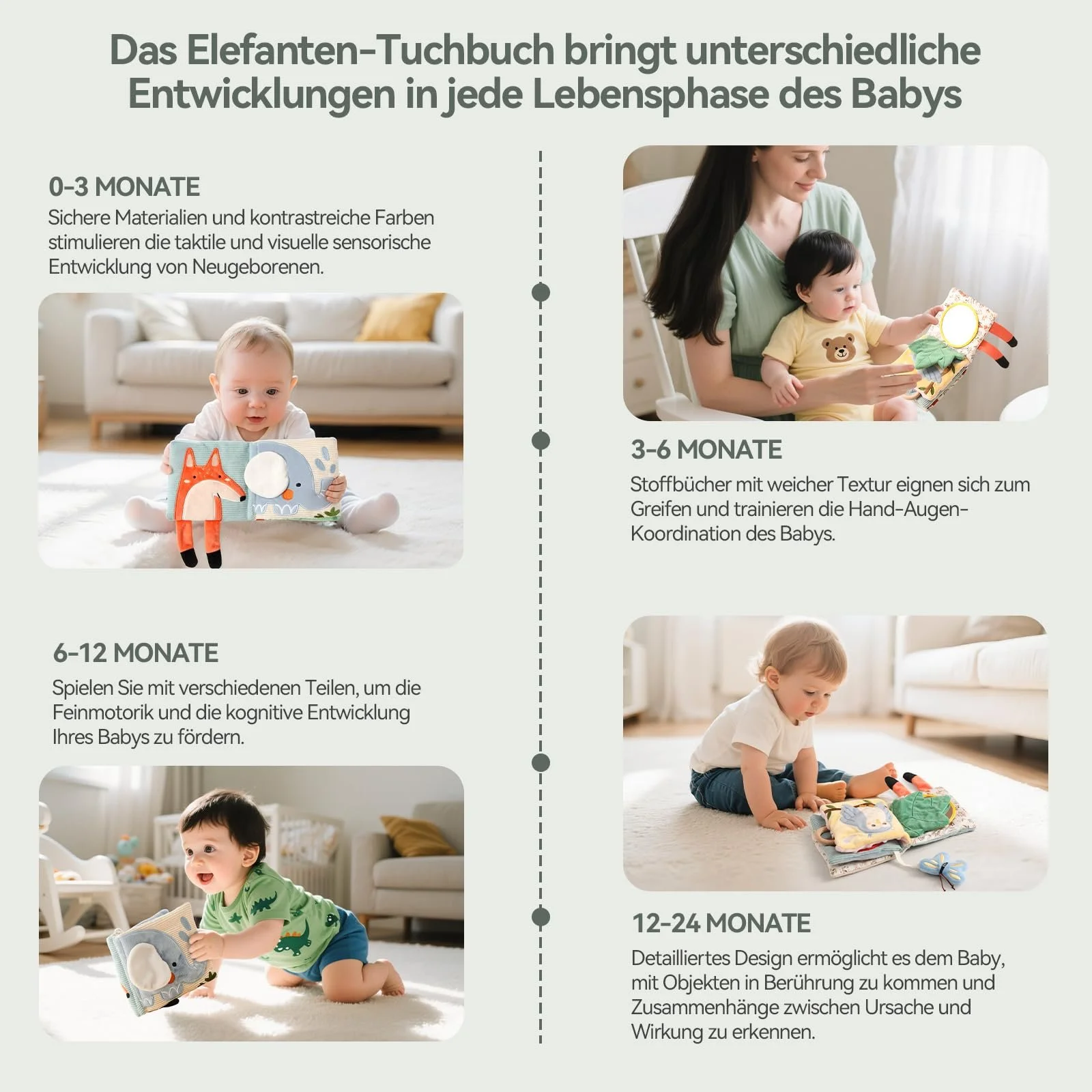 Тканинна книжка-прорізувач Baby Book з дзеркалом, іграшка для малюків Слони, фото №5