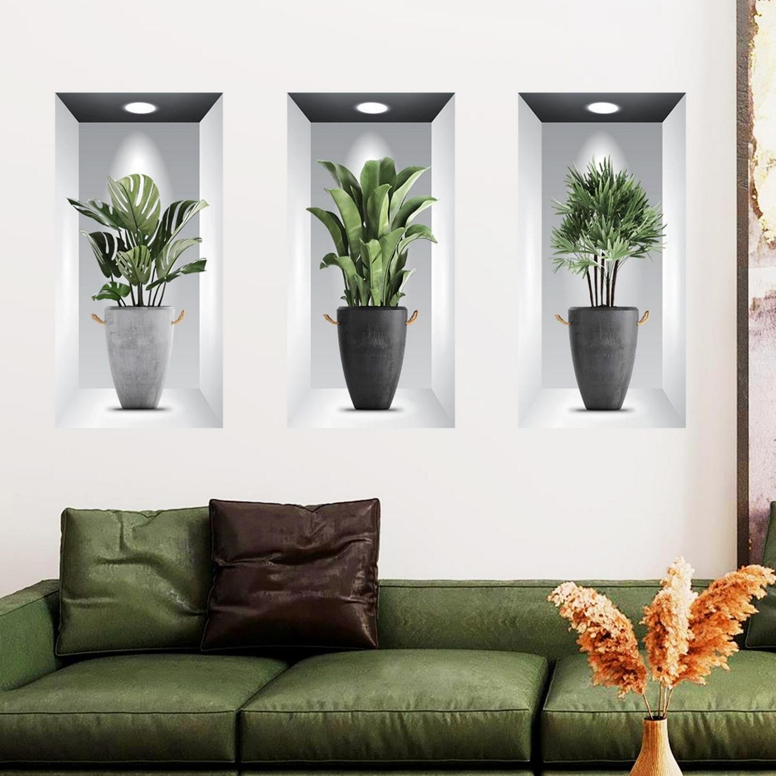 Набор наклеек на стену 3 шт. 3D Green Potted Plant Waterproof Wall Art 3D Plant Living Room Bedroom Bathroom Kitchen Office Decor 30 x 60 см, фото №2