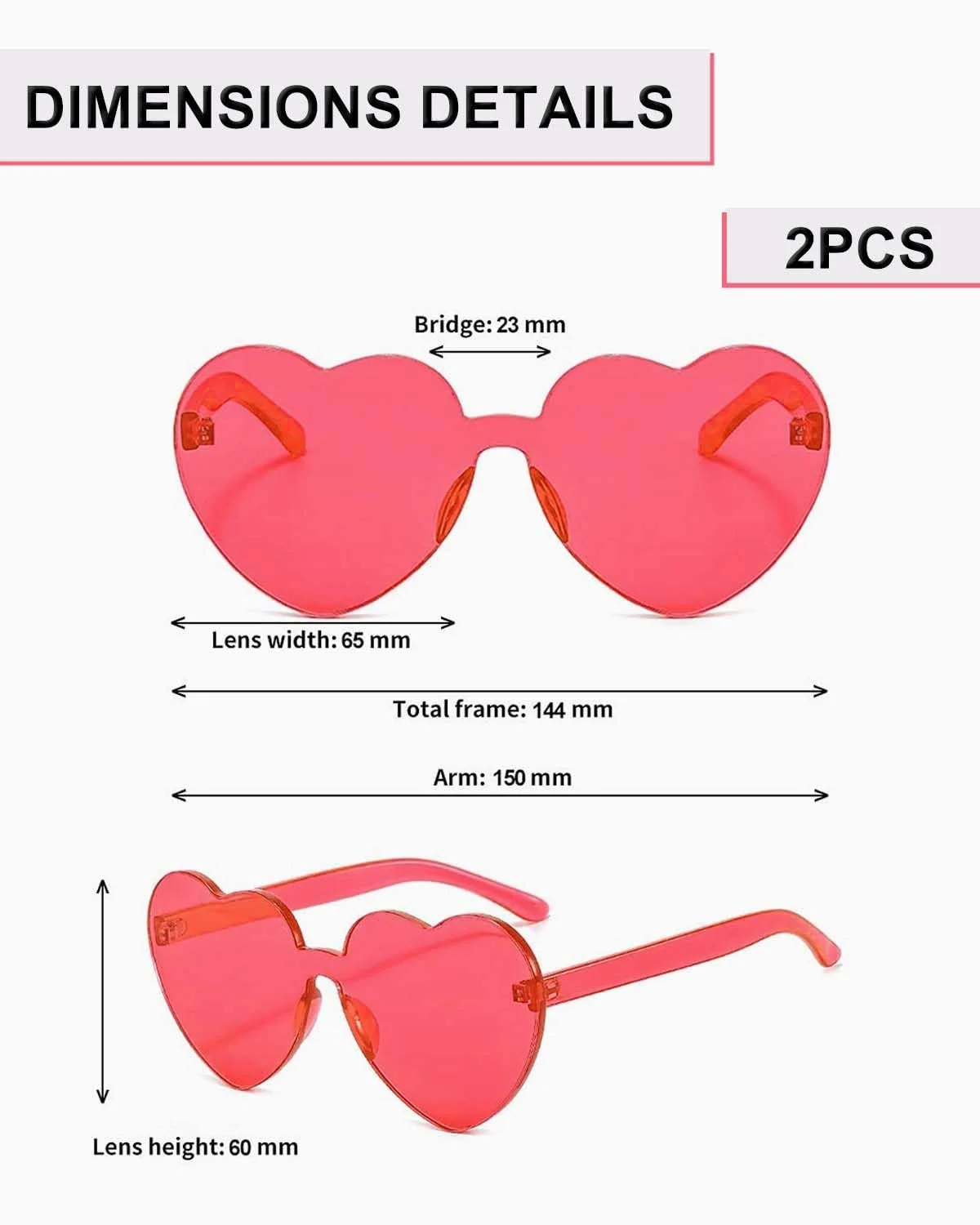 Сонцезахисні Окуляри Сердечком Різнокольорові Без Оправи Рожевий/Червоний, фото №1