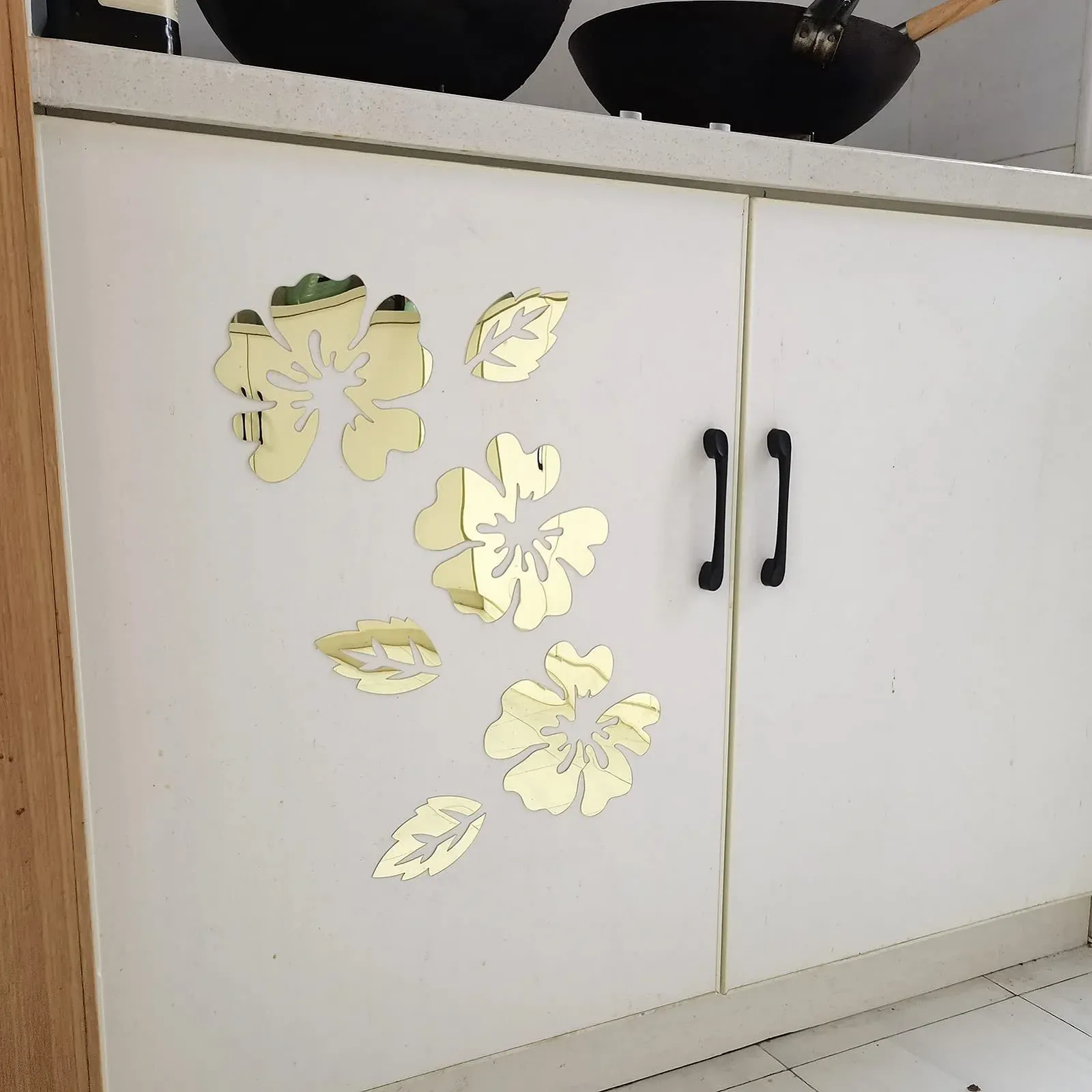 3D Зеркальная наклейка на стену Flowers Золотистая, фото №7