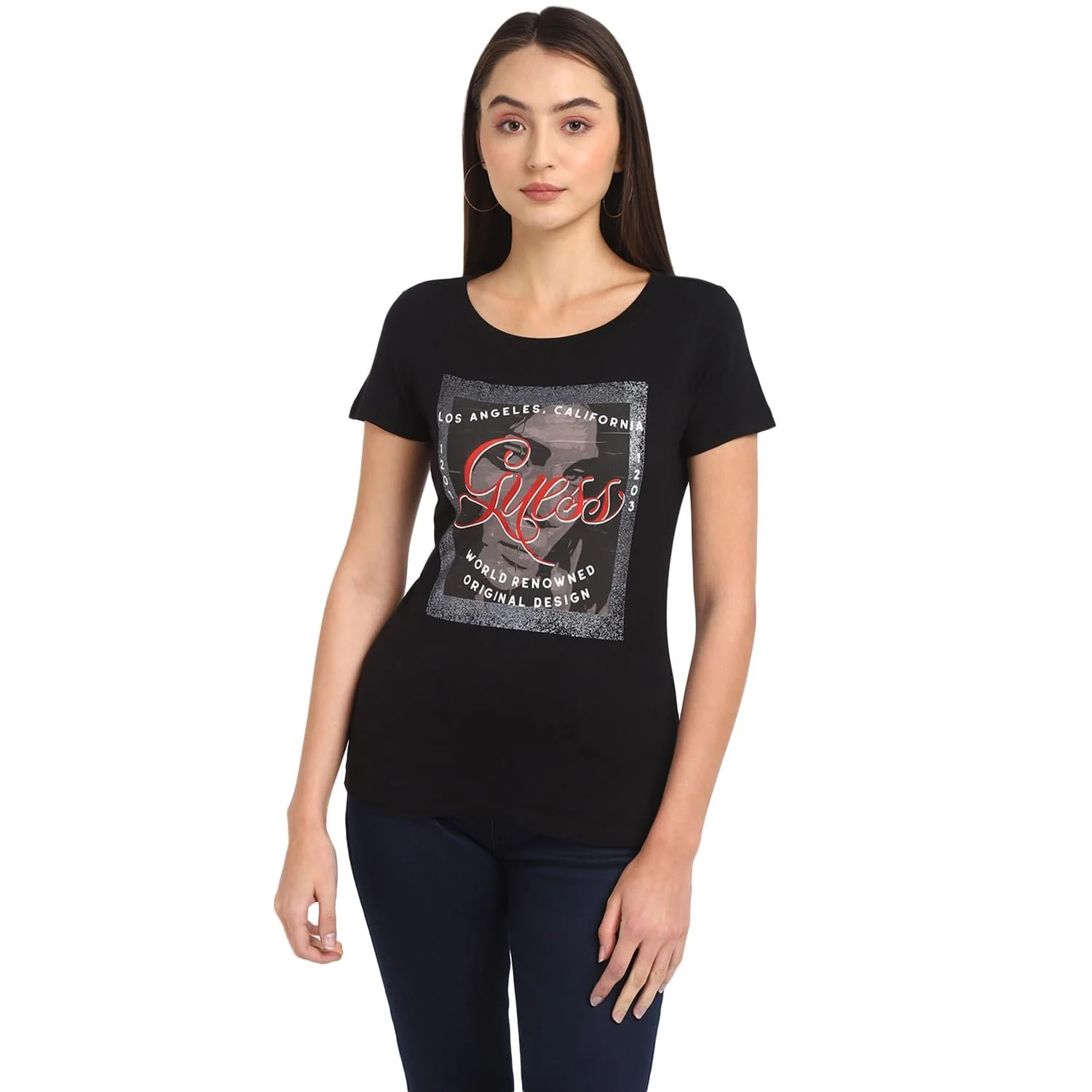 Футболка GUESS жіноча, з короткими рукавами, круглий виріз, ADV, Black GUESS Face Combo, Small, фото №1