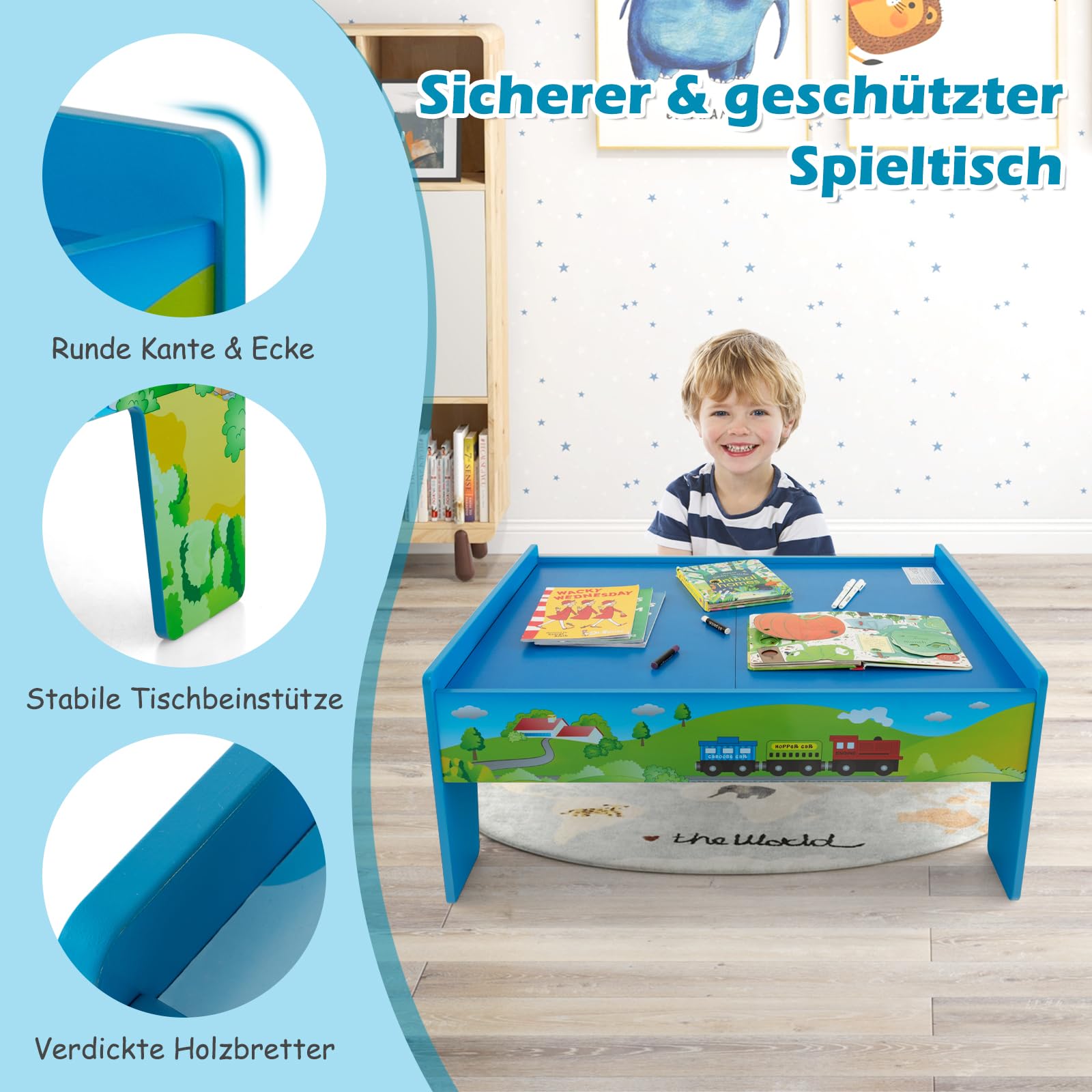 Ігровий стіл GOPLUS з дерева з 80-елементним залізничним набором, фото №7 Ігровий стіл GOPLUS з дерева з 80-елементним залізничним набором, фото №7