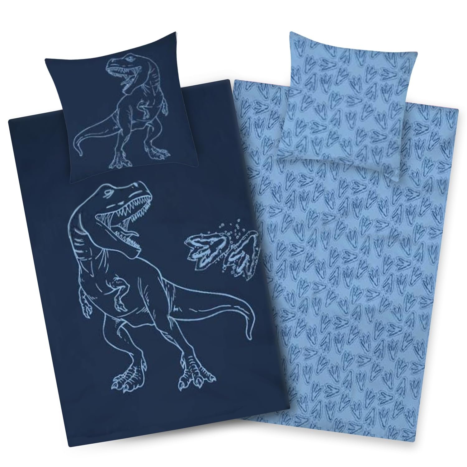 Постельное белье Aminata kids Dino, 135 x 200 см, детское, с динозаврами, двустороннее, T-Rex, синее, 2 предмета, фото №1