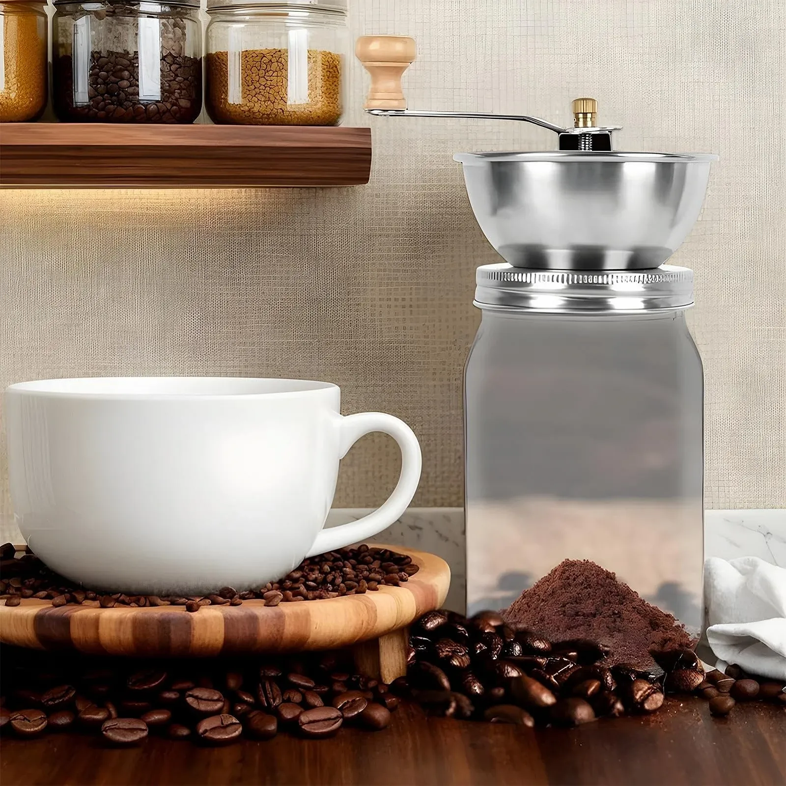 Ручна кавомолка Bricklayer Jar, ручна , насадка з нержавіючої сталі, ручка з ручним приводом, інструмент для кавових зерен, ідеально підходить для приготування в подорожах і використання на кухні, нержавіюча сталь, фото №5