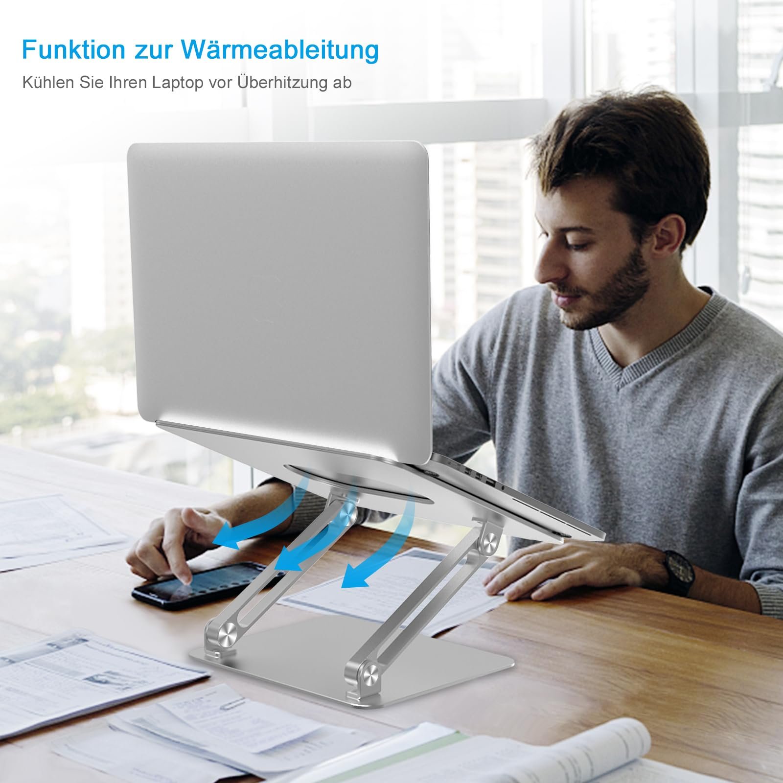 Підставка для ноутбука BoYata Multi Angle з вентиляційним отвором, алюміній, регульована підставка для ноутбука, сумісна з ноутбуками (10 - 17 дюймів), MacBook Pro/Air, Surface, Samsung, HP, срібляста, фото №4