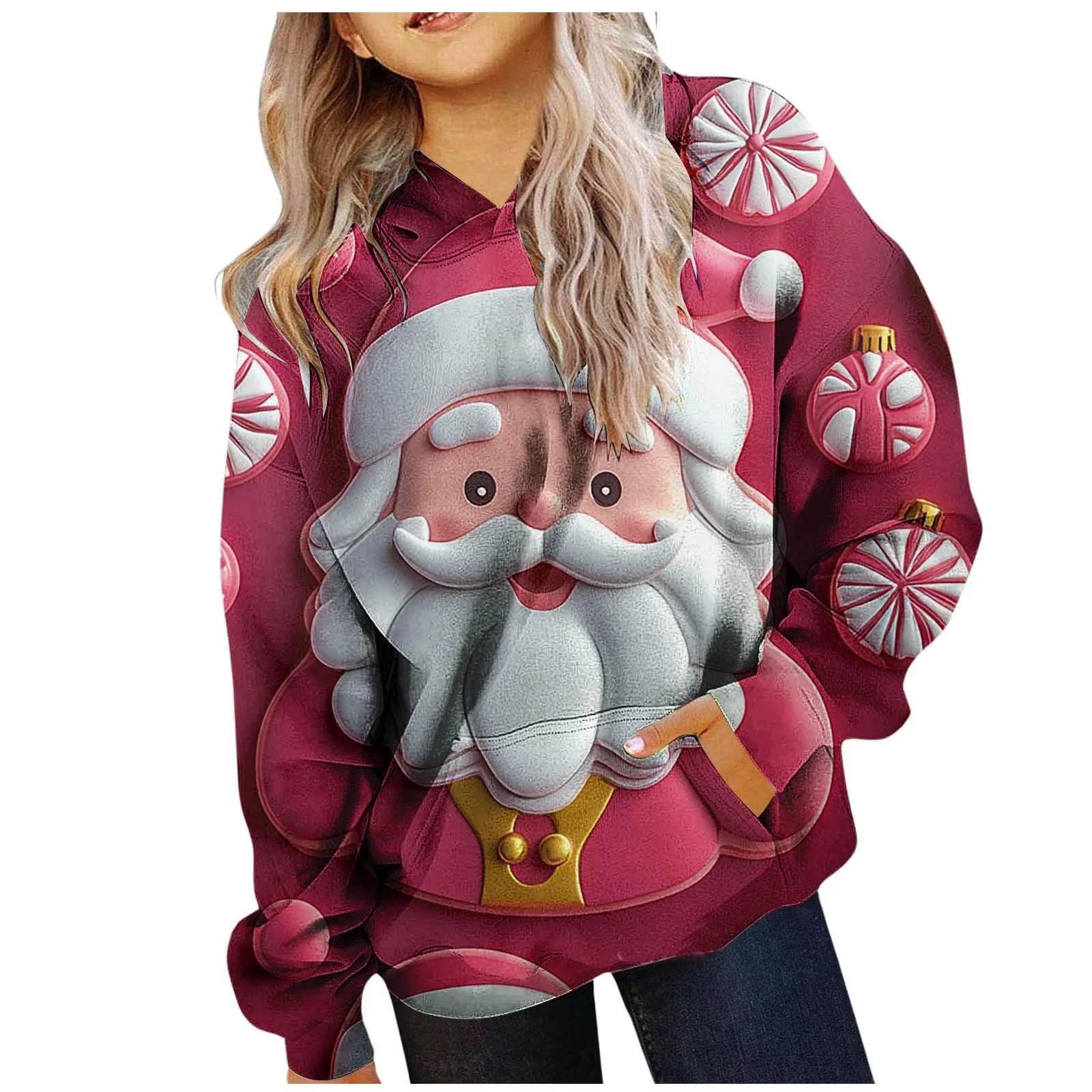 Рождественский свитшот для девочки с капюшоном, длинными рукавами, мягкий, с рождественским принтом, фото №1