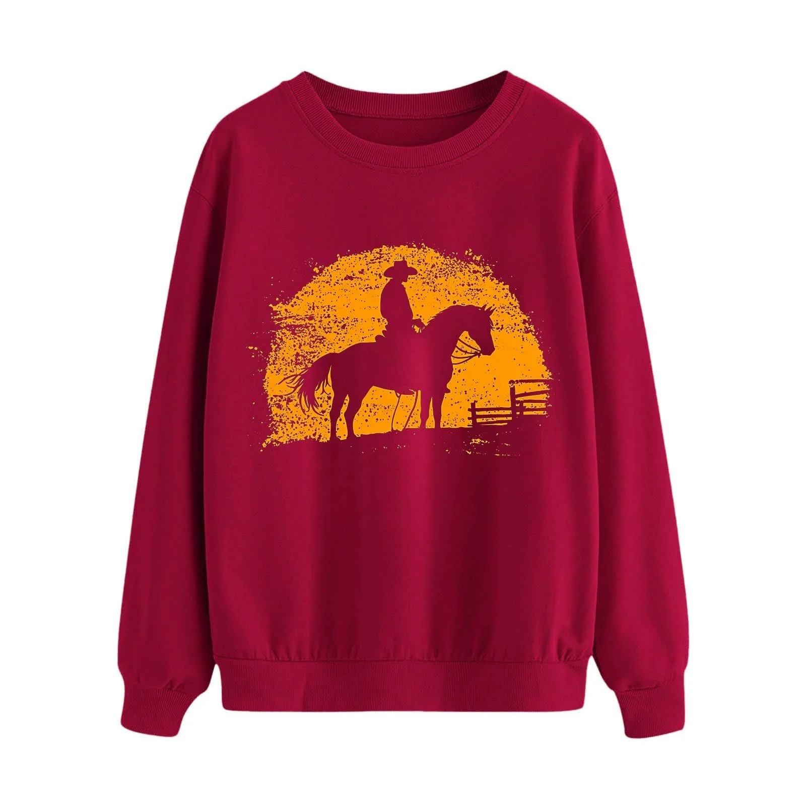 Лонгслив Komiseup Basic Круглый вырез Свободный Свитшот без капюшона Western Cowboy Принт Свитшот Праздничная Спортивная рубашка Модный топ с принтом лошади для девочек-подростков Streetwear 16, фото №4