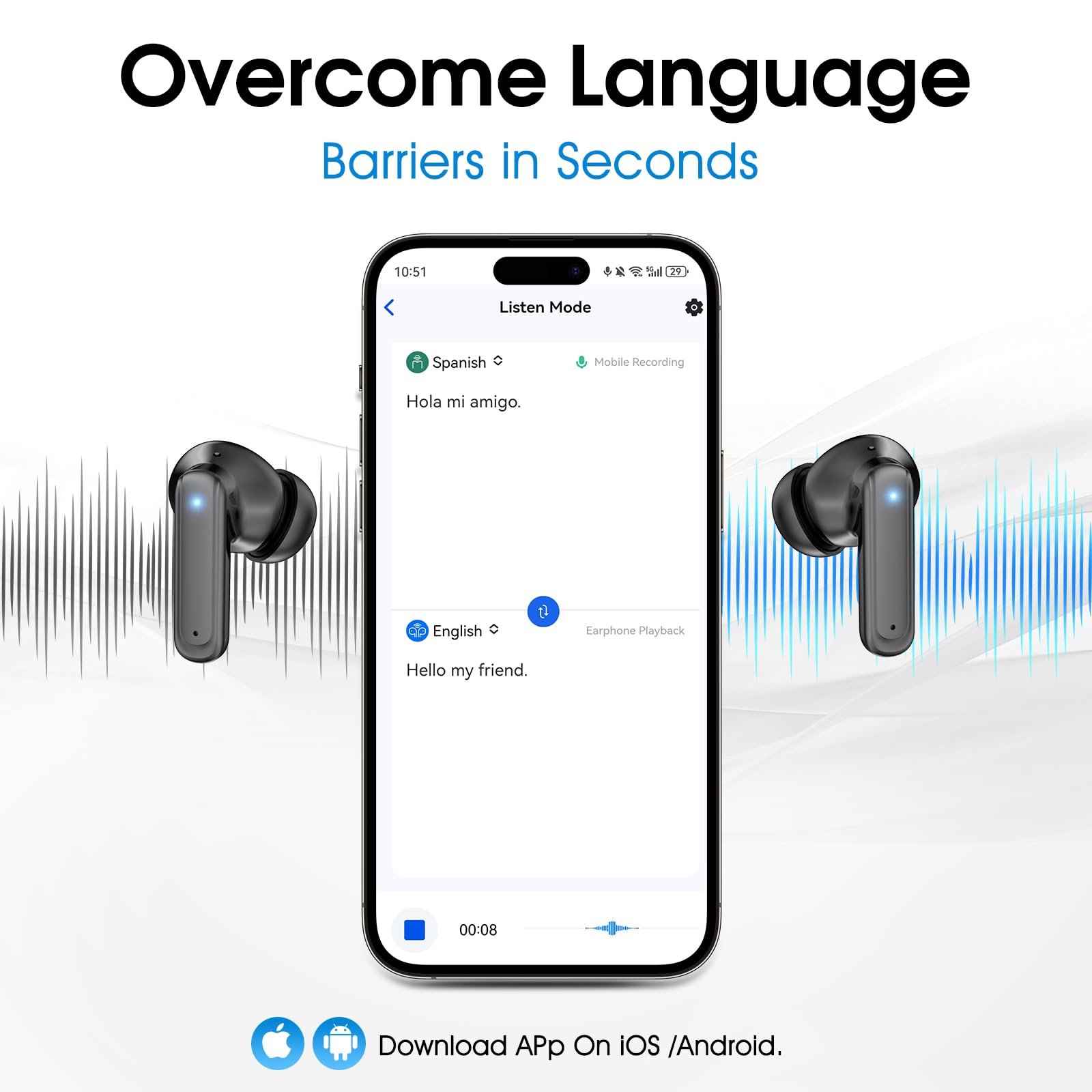 Наушники-переводчики с сенсорным LCD экраном, поддержка 144 языков и 4 режима перевода, с приложением для iOS и Android, фото №6