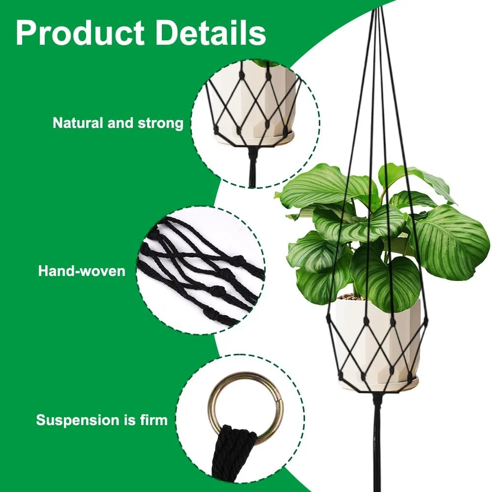 Підвісні кашпо макраме бавовняна мотузка 60/80/100 см 6 шт Чорний, фото №3
