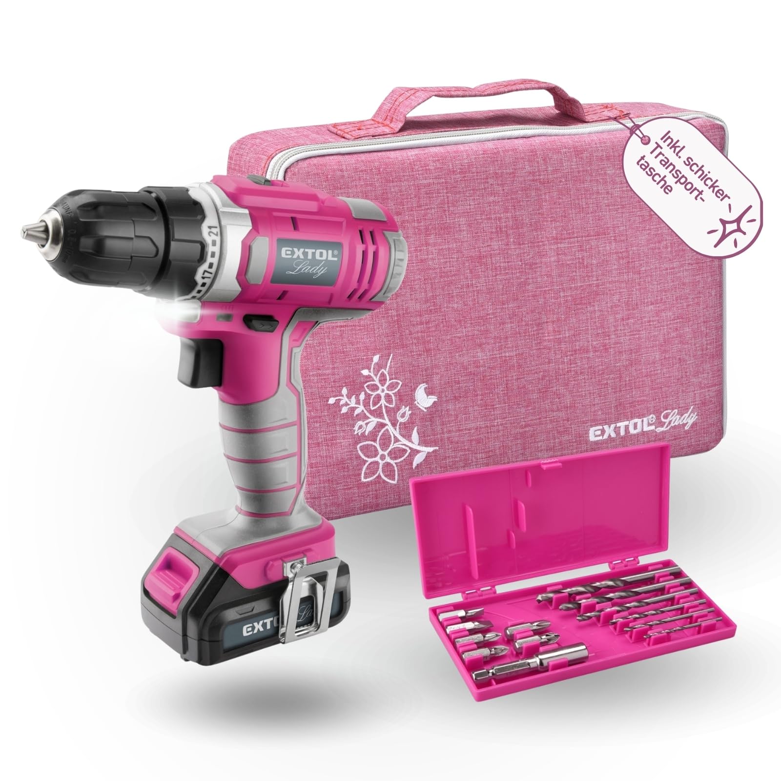 Дриль-шурупокрут Extol Lady 12 V Li-Ion 1300 mAh рожевий з кейсом 6 насадок (подовжений шліц, PH і PZ) та 6 свердел (1-6 мм), фото №1 Дриль-шурупокрут Extol Lady 12 V Li-Ion 1300 mAh рожевий з кейсом 6 насадок (подовжений шліц, PH і PZ) та 6 свердел (1-6 мм), фото №1