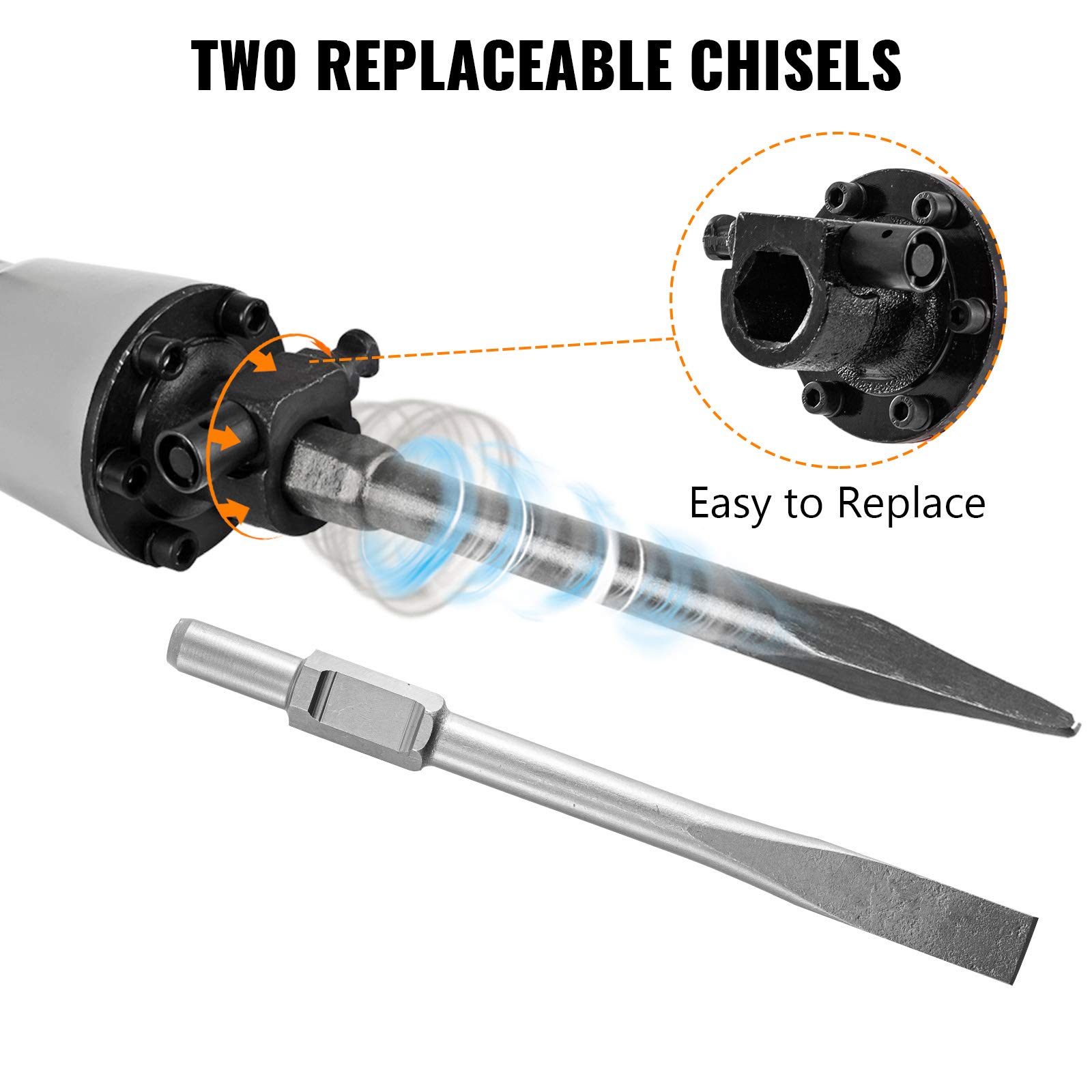 Электрический отбойный молоток Vevor 220В 2200W 28 x 12 x 7 Дюймов Разрыхлитель с 2 заостренными/плоскими зубилами защитными очками перчатками, фото №5 Электрический отбойный молоток Vevor 220В 2200W 28 x 12 x 7 Дюймов Разрыхлитель с 2 заостренными/плоскими зубилами защитными очками перчатками, фото №5