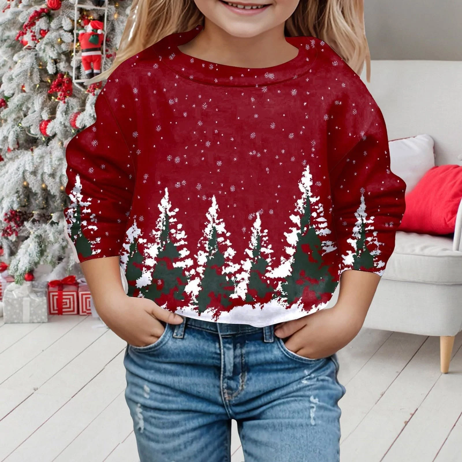 Різдвяний світшот для дітей, модний, різдвяний, милий, з принтом, з круглим вирізом, з довгими рукавами, фото №3