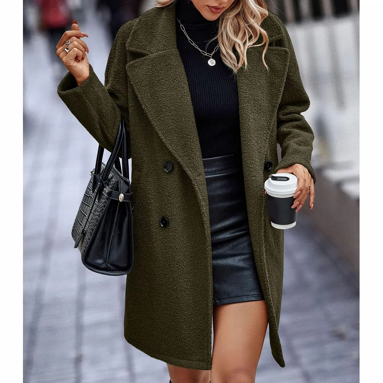 Пальто Двубортное женское Однотонное Длинные рукава Отложной воротник, фото №4