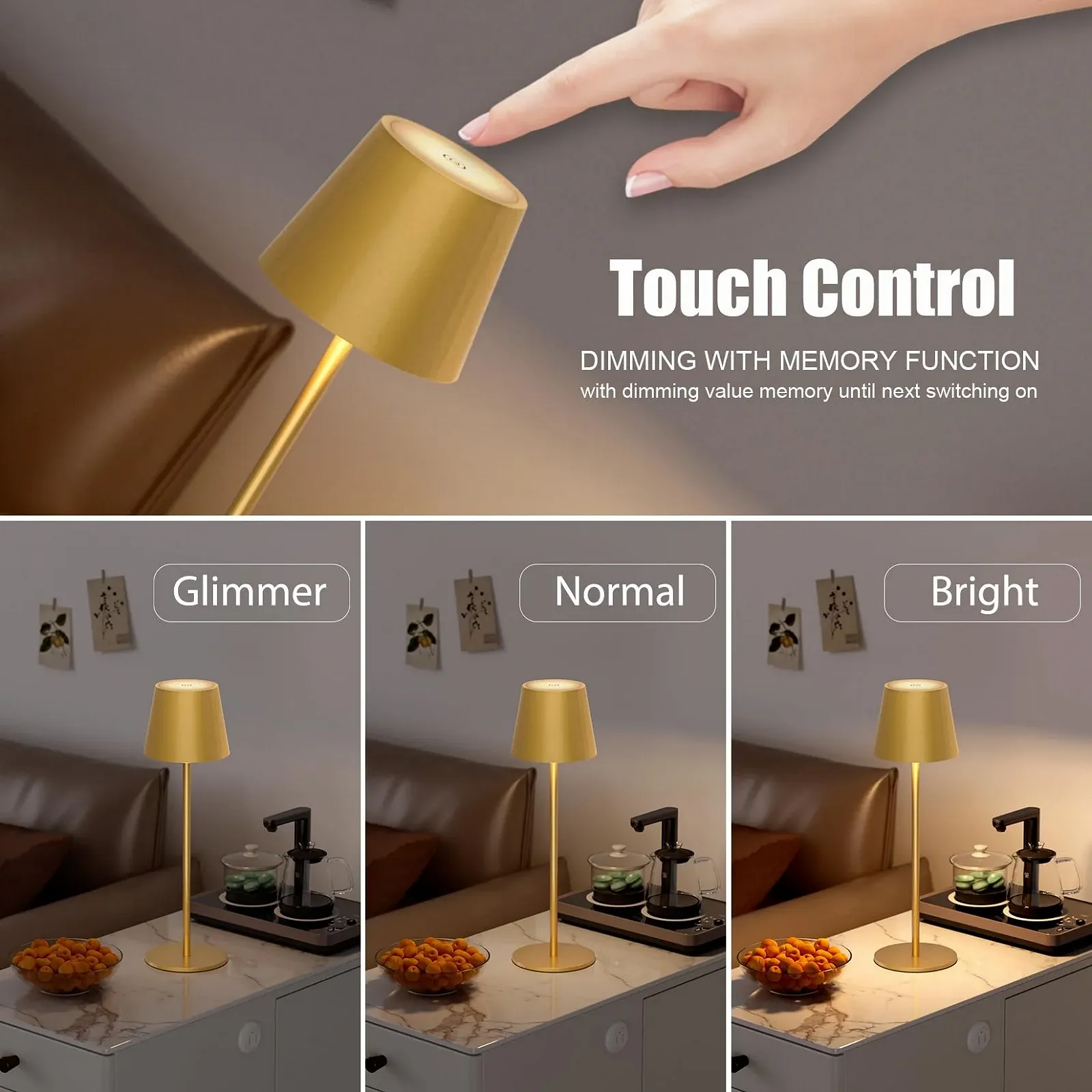 Настільна лампа Klighten LED акумуляторна алюмінієва IP54 сенсорна безступінчасте димування USB-C Золотистий, фото №2