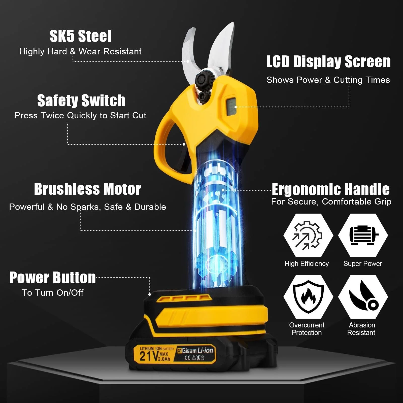 Акумуляторні секатори Gisam 40 мм, електричні ножиці для обрізки з 2 x 2Ah батареями та РК-дисплеєм, акумуляторні ножиці для троянд, регулювання отвору для обрізки живоплотів і фруктових дерев (жовтий), фото №3