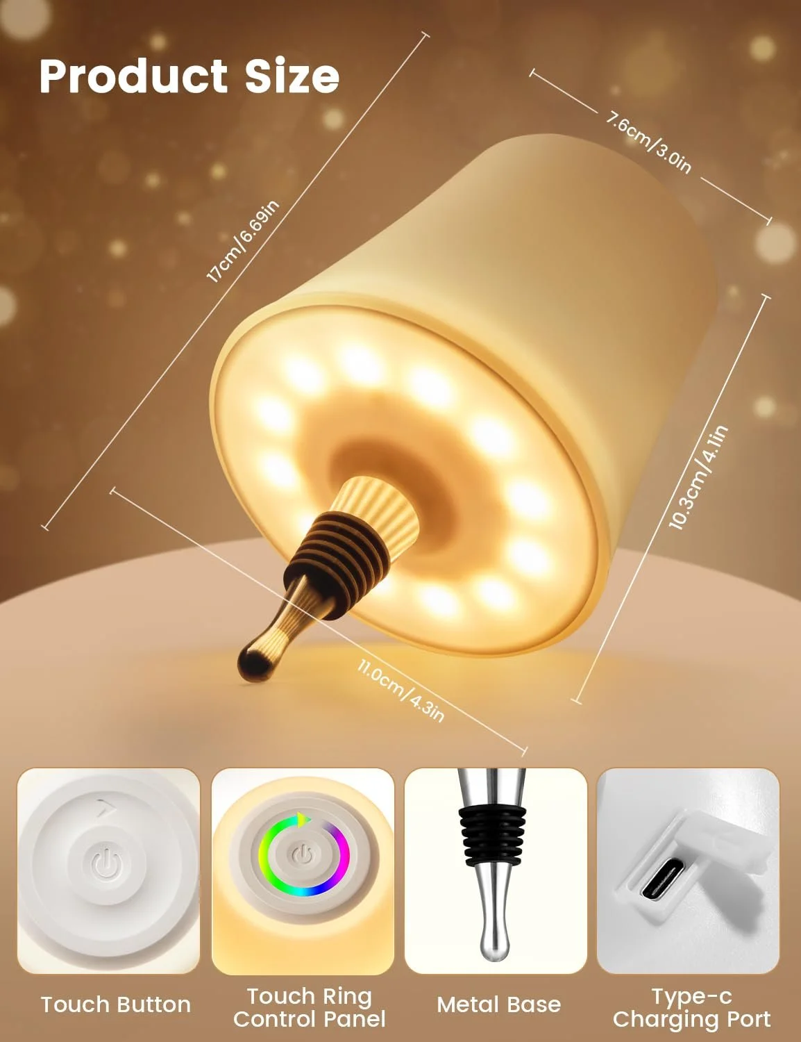 Настільні лампи-насадки на пляшку Набір із 2 шт LED Бездротові IP54 Акумуляторні 3 режими RGB Димовані, фото №6