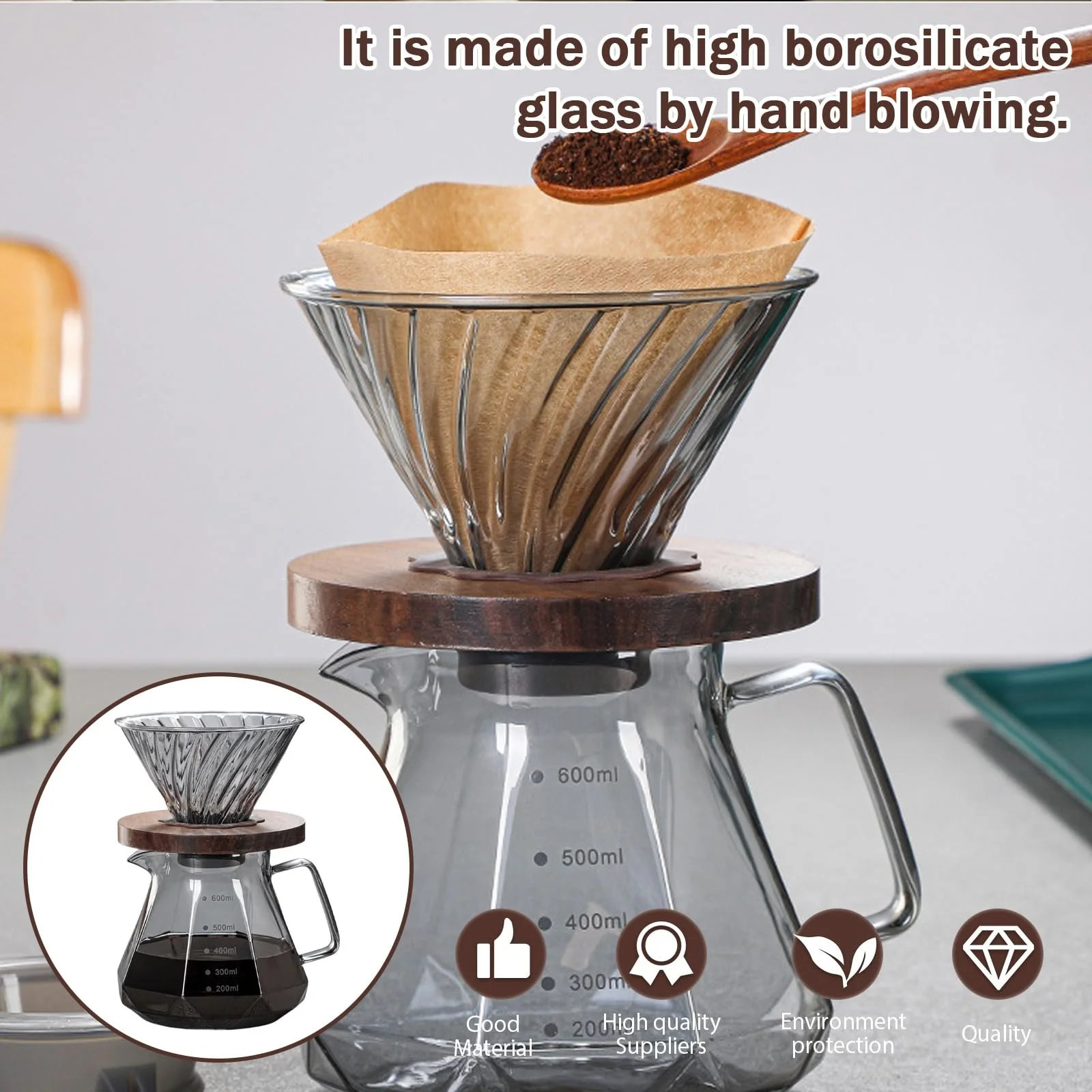 Кавник Pour Over Borosilicate Glass Jug 600 мл, з фільтром та 100 паперовими фільтрами, фото №4