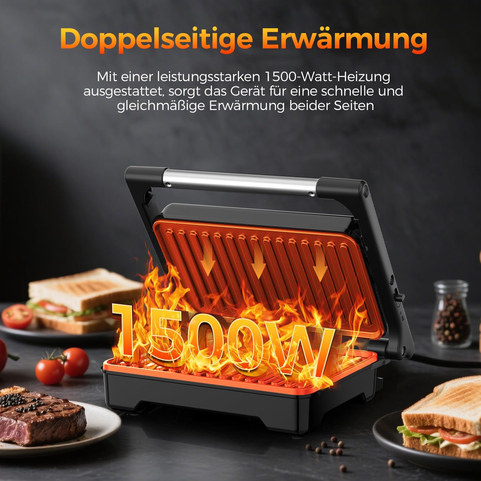 Гриль YASHE 1500 Вт, гриль для паніні, XXL пластини з антипригарним покриттям, автоматичний контроль температури, фото №3