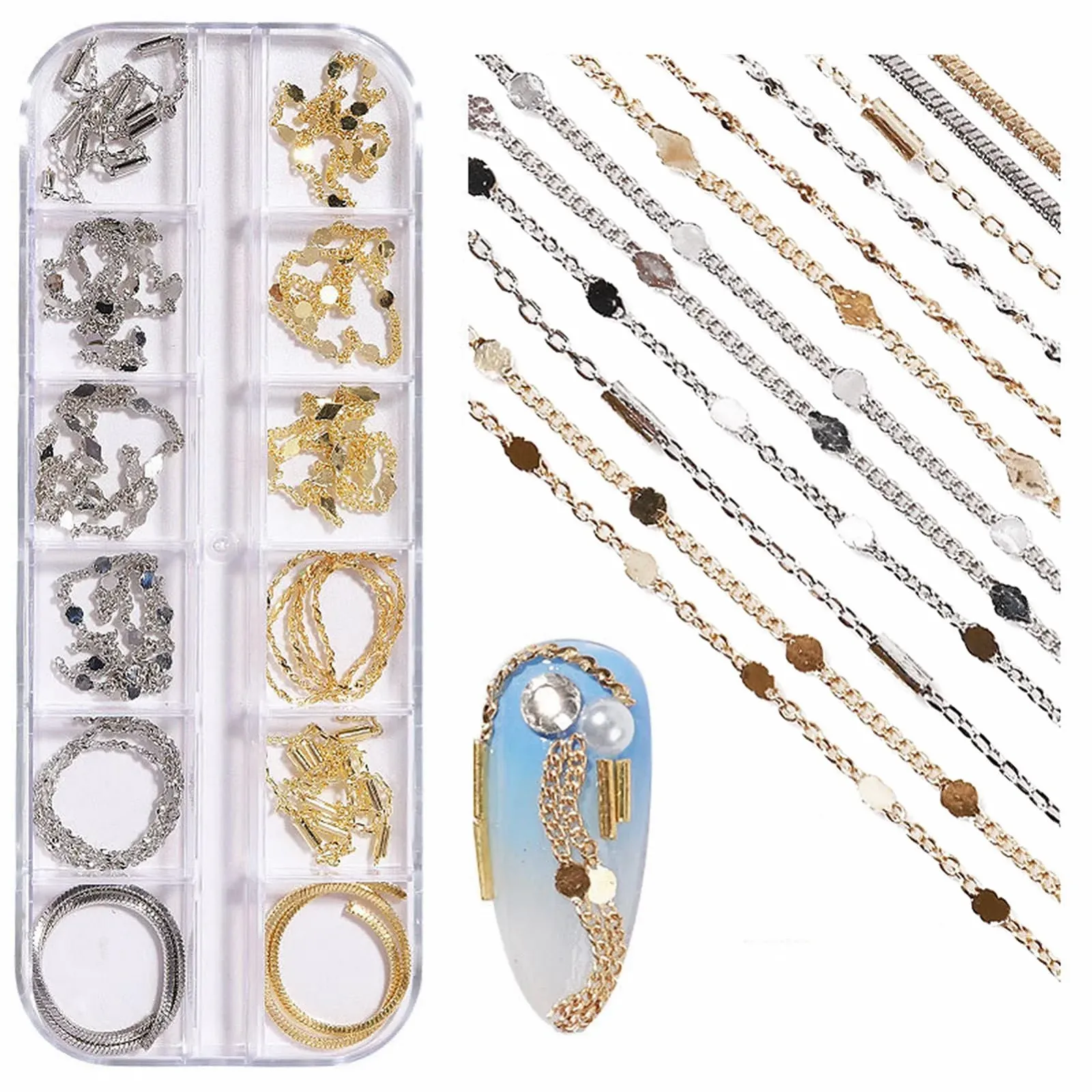 Цепочки для дизайна ногтей NICENEEDED 12 полосок Металлические цепочки для ювелирных изделий для ногтей Сплавные цепочки для ногтей Панк-подвески для ногтей Украшения для ногтей Шпильки для ногтей, фото №1