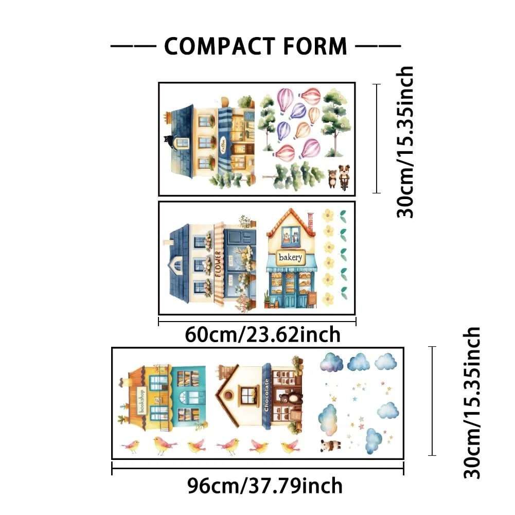 Наклейки на стіну 3 аркуші Акварельні будинки Вуличні будівлі Вінтажний стиль, фото №2