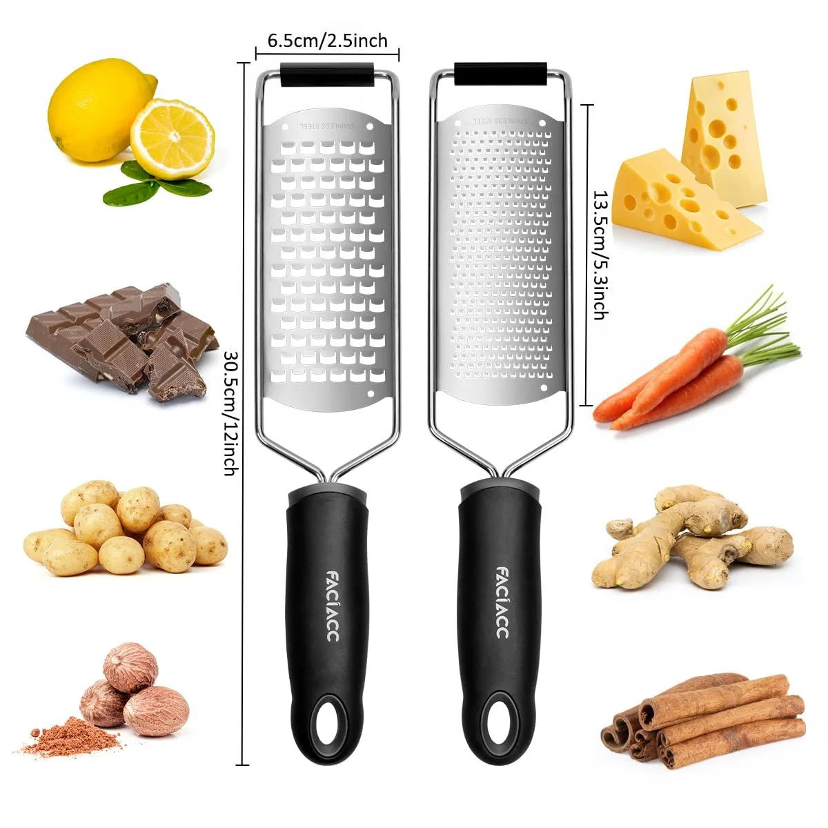 Терка FACIACC для сиру, лимонів, шоколаду, овочів, фруктів, часнику та імбиру, лезо з нержавіючої сталі з гумовою ручкою, чорний (2 шт. в упаковці), фото №2 Терка FACIACC для сиру, лимонів, шоколаду, овочів, фруктів, часнику та імбиру, лезо з нержавіючої сталі з гумовою ручкою, чорний (2 шт. в упаковці), фото №2