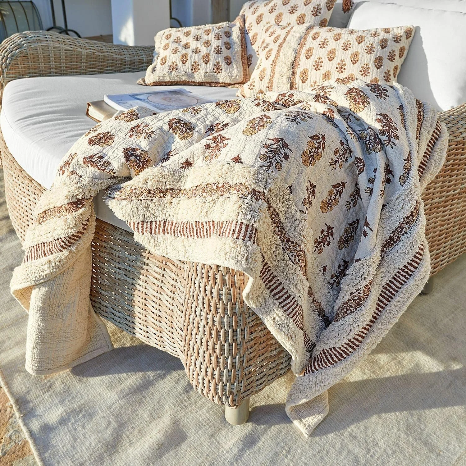 Плед Loberon Arsalan С кисточками Цветочный принт Текстурированный узор Хлопок Кремовый Коричневый, фото №2