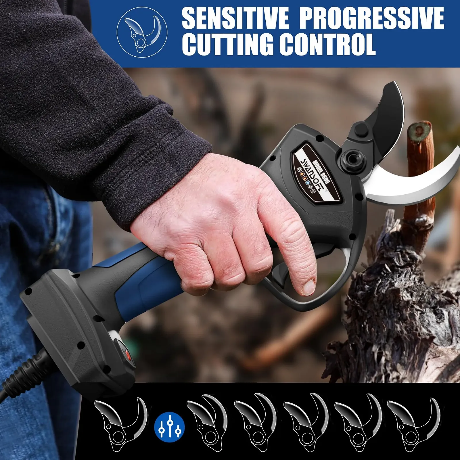 Секатор акумуляторний SWANSOFT 8605, 40 мм, 1050 Вт, 21 В, 2 А, для оливкових дерев, виноградника, фото №3