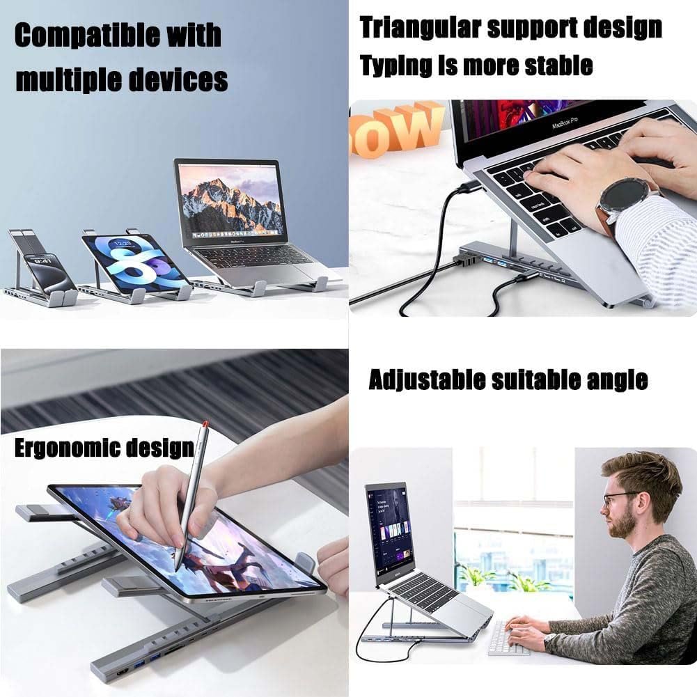 Подставка для ноутбука USB-C 8-в-1, алюминиевая подставка для ноутбука с док-станцией USB C 8-в-1, HDMI 4K при 30 Гц, портативная подставка для ноутбука с 6 регулируемыми углами, складная вентилируемая охлаждающая подставка для ноутбука, фото №5 Подставка для ноутбука USB-C 8-в-1, алюминиевая подставка для ноутбука с док-станцией USB C 8-в-1, HDMI 4K при 30 Гц, портативная подставка для ноутбука с 6 регулируемыми углами, складная вентилируемая охлаждающая подставка для ноутбука, фото №5