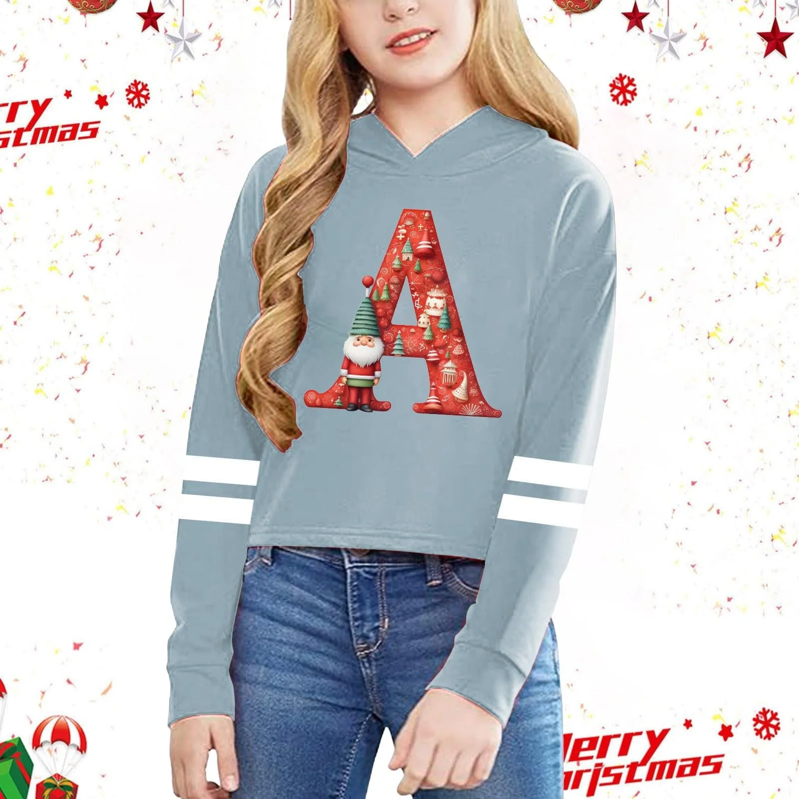 Дитячий різдвяний світшот з капюшоном з довгими рукавами та модним принтом, фото №3