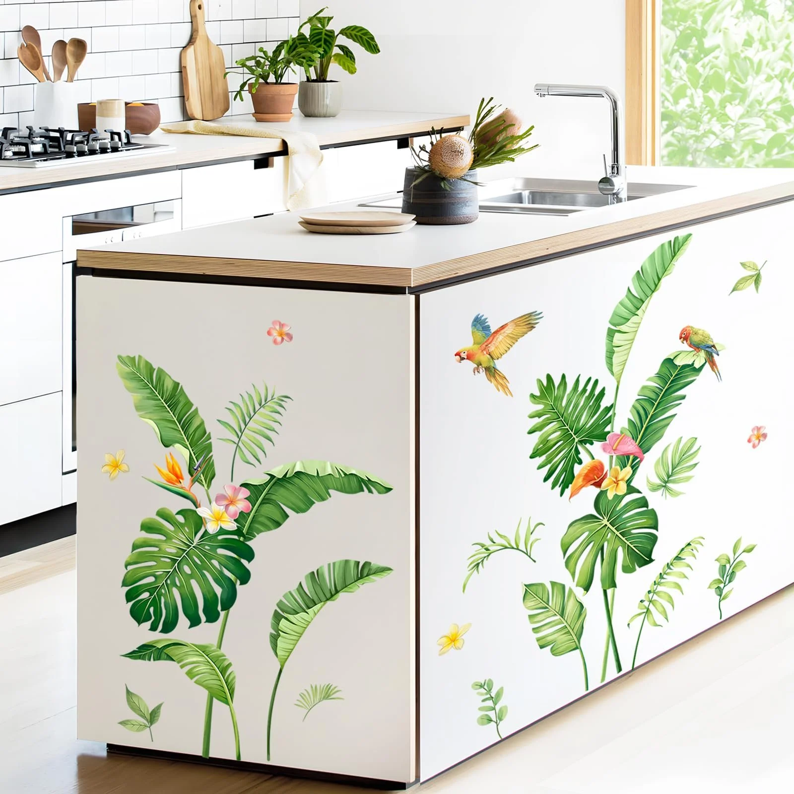 Наклейка на стіну Supzone Тропічне листя Пальма Монстера Квіти Птахи Зелена, фото №7