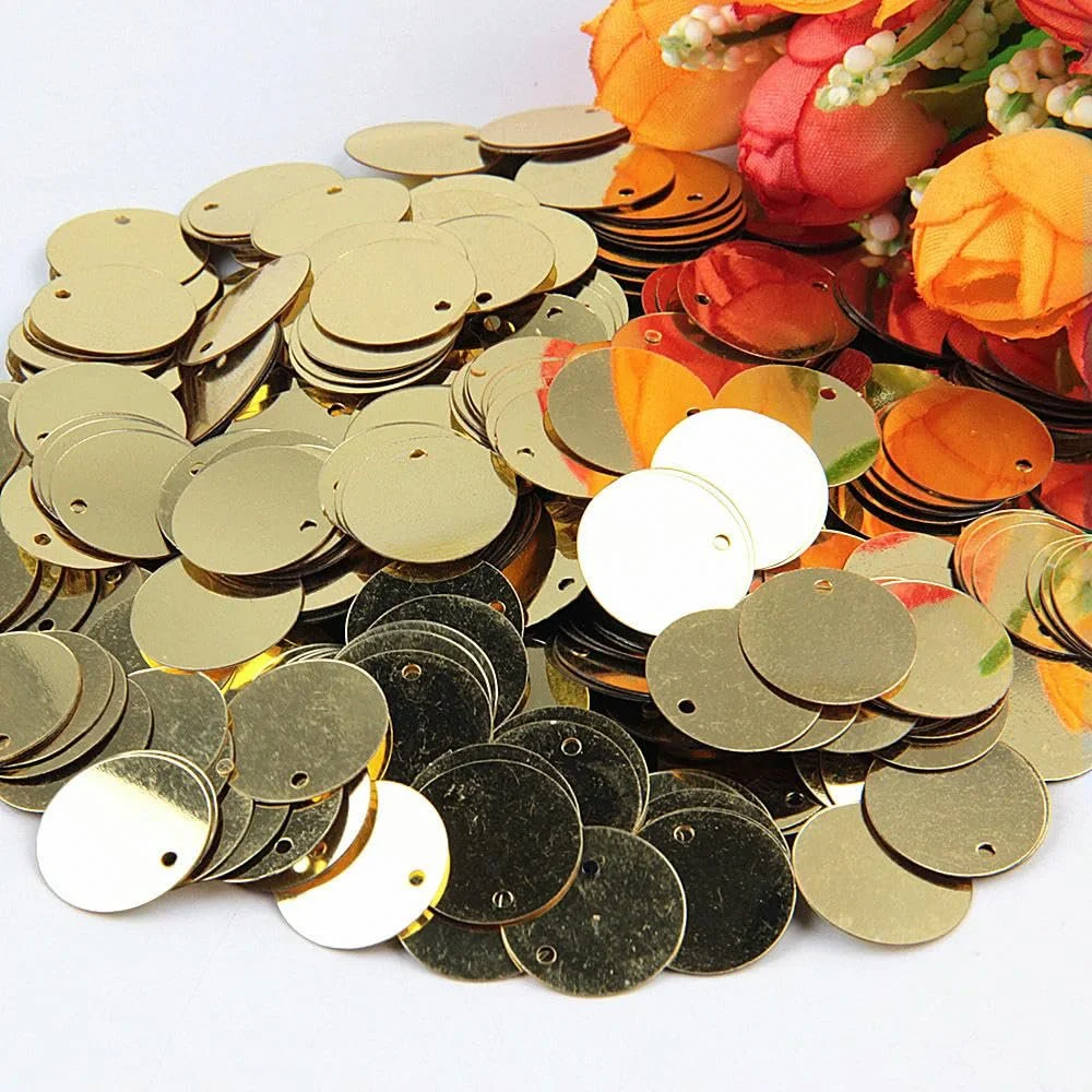 Блестки Плоские круглые Большие 10 мм, 15 мм, 20 мм, 25 мм с отверстием по краю, рассыпчатые, светло-золотые 25 мм 20 г, фото №1