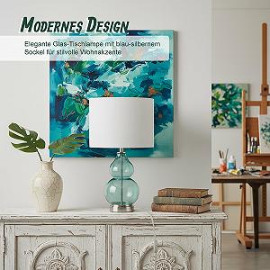 Настільна лампа Relaxdays зі скляною основою та тканинним абажуром E14 44 x 26 см Біло-синя synthetic.ua - Фото 1