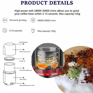 Кавомолка WAVATA 120 г, електрична млинниця для спецій, горіхів, зерна, перцю, 150 Вт, з щіткою, чорна synthetic.ua - Фото 1