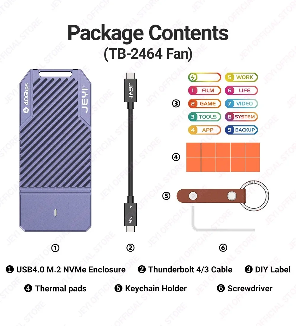 Внешний карман JEYI Fan 40Gbps M.2 NVMe SSD to USB4.0, Thunderbolt 4 Violet, фото №15 Внешний карман JEYI Fan 40Gbps M.2 NVMe SSD to USB4.0, Thunderbolt 4 Violet, фото №15