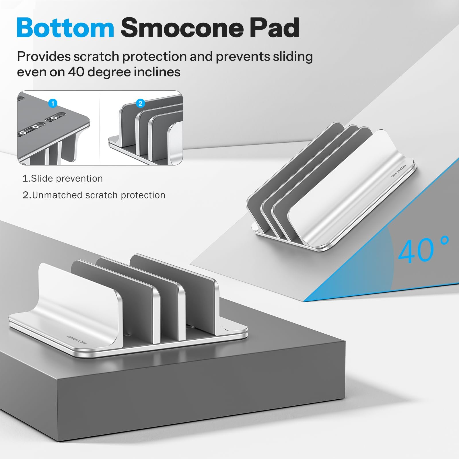 Вертикальна Підставка OMOTON Алюмінієва з 3 Слотами для Ноутбука, Регульована, Срібна, фото №4