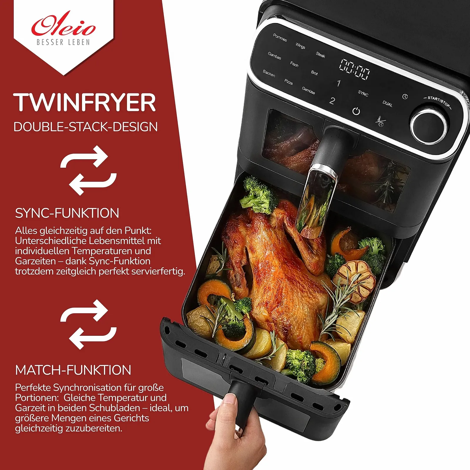 Мультипіч Oleio Maestro Airfryer Double Chamber XXL 11 л 2460 Вт 2 камери Чорний, фото №5 Мультипіч Oleio Maestro Airfryer Double Chamber XXL 11 л 2460 Вт 2 камери Чорний, фото №5