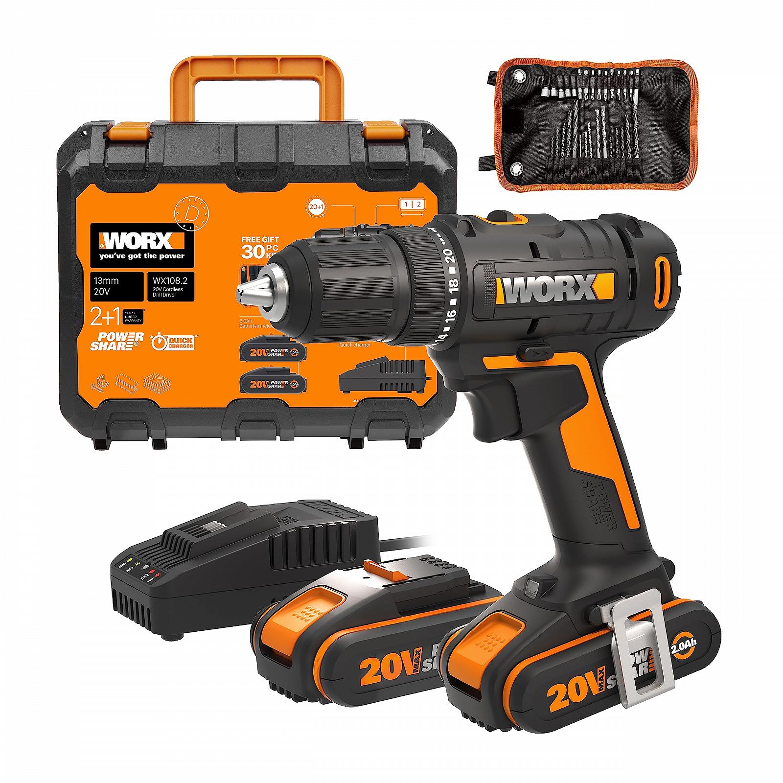 Аккумуляторная дрель WORX WX108.2 18V (20V MAX) PowerShare Max. 45 Nm с 2 аккумуляторами 2.0 Ah, 30 насадками, 2 скоростями, 13 мм быстрозажимным патроном, фото №1