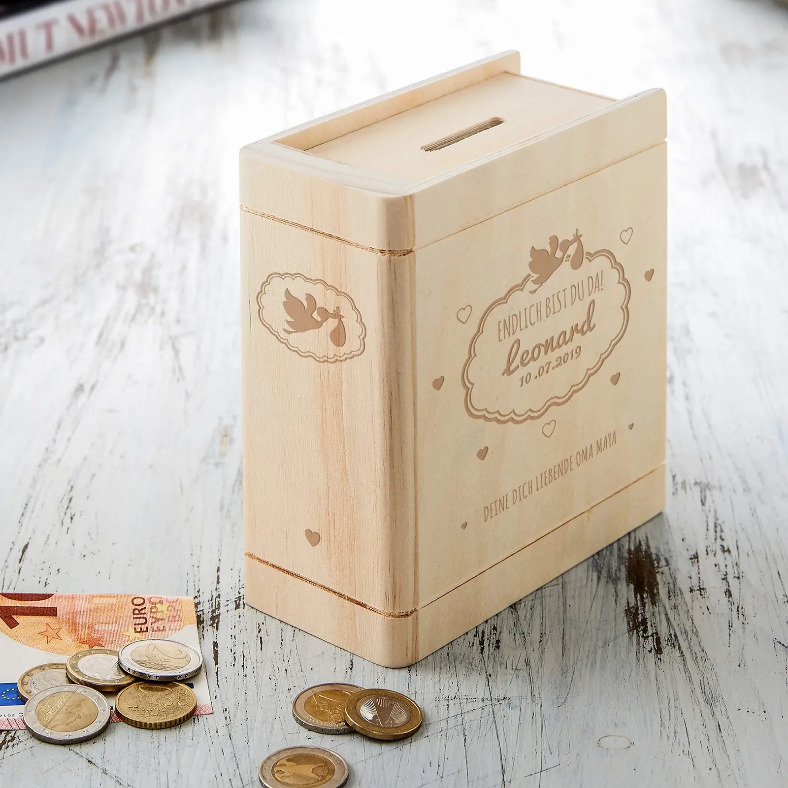 Скарбничка дерев'яна з берези з персоналізацією та мотивом лелеки, фото №5